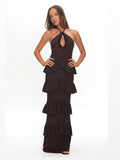 Chocolate Halter Neck A-Line Maxi Structured Woven Fabric Formal Dress for Evening Banquet