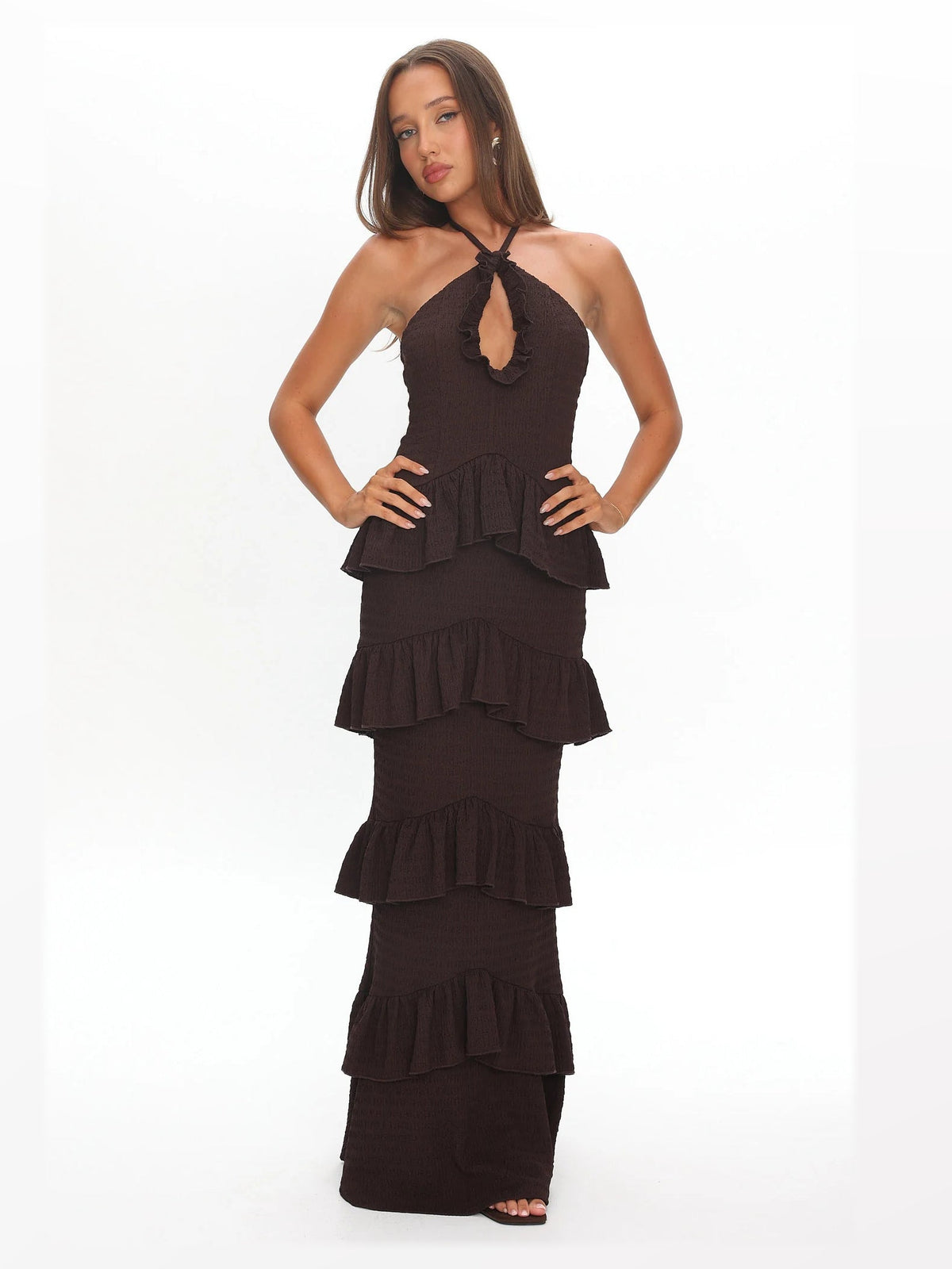 Chocolate Halter Neck A-Line Maxi Structured Woven Fabric Formal Dress for Evening Banquet