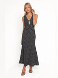 Gray Floral A-Line Maxi Structured Woven Fabric Formal Dress for Vineyard Wedding