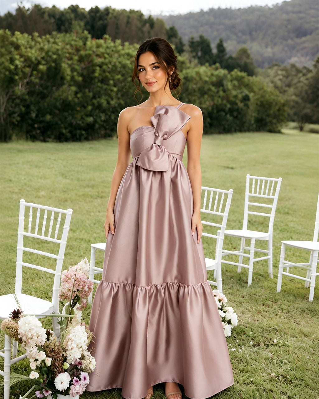 One-Shoulder Satin A-Line Bridesmaid Dress with Statement Ruffle