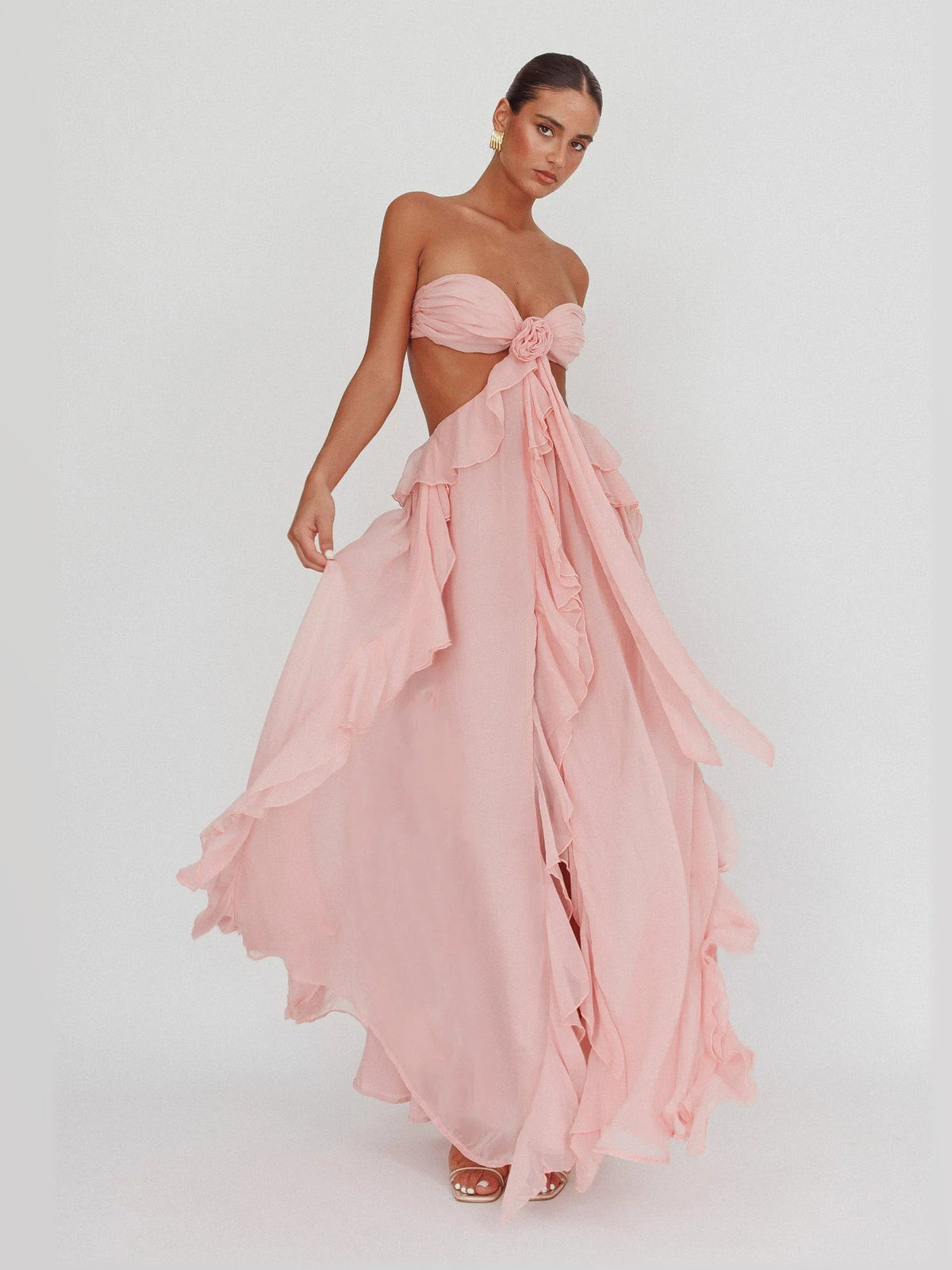Fuchsia Cut-Out Ruffled A-Line Maxi Structured Woven Fabric Formal Dress for Club Formal