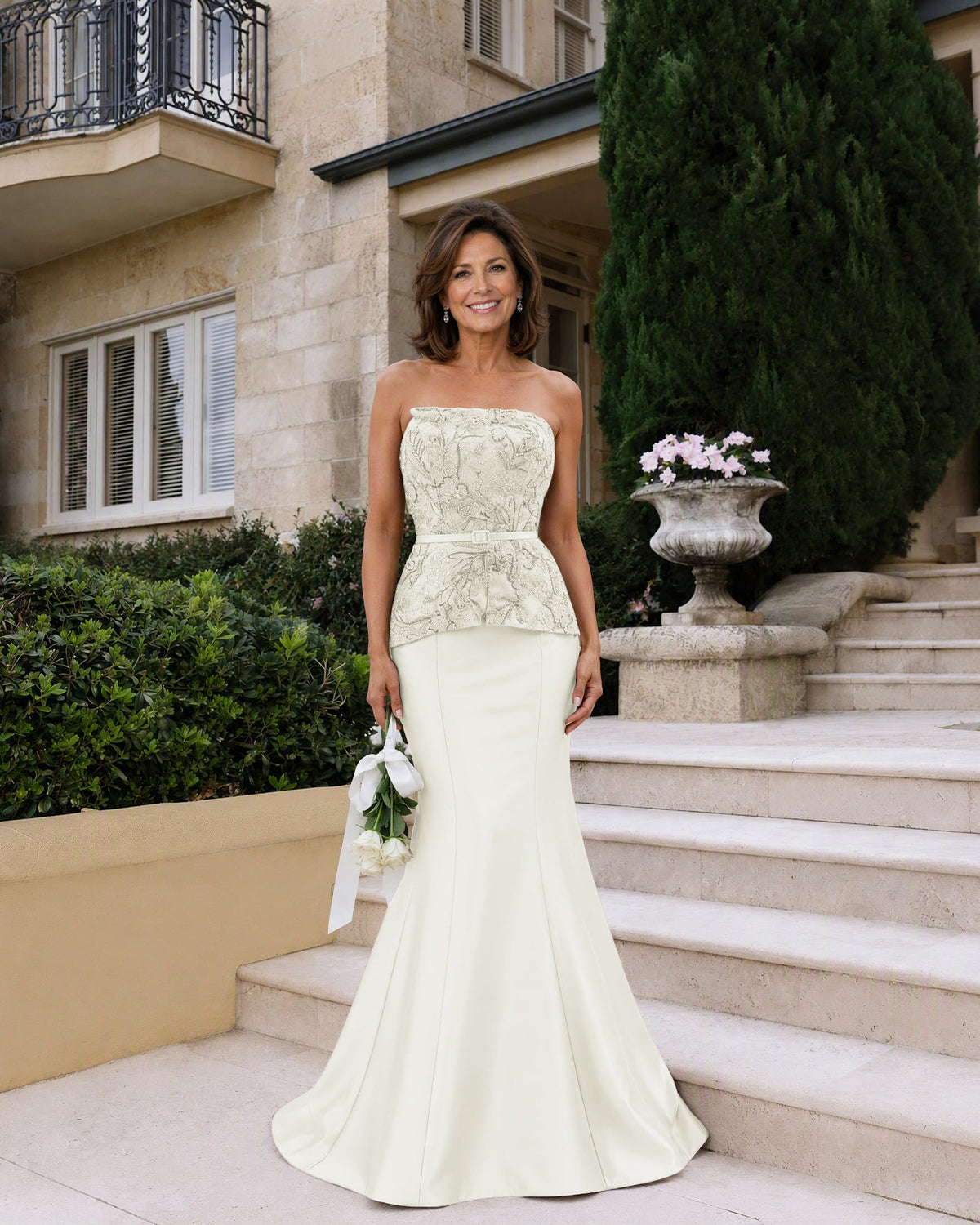 Strapless Lace Peplum Mermaid Mother of the Bride Dress