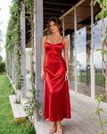 Spaghetti Strap Ruched Bust Satin Bridesmaid Dress with Tie-Back