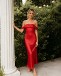 Off-Shoulder Satin Column Bridesmaid Dress with Draped Tie-Back