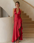 Plunging Halter Satin High-Low Formal Dress with Draped Waist