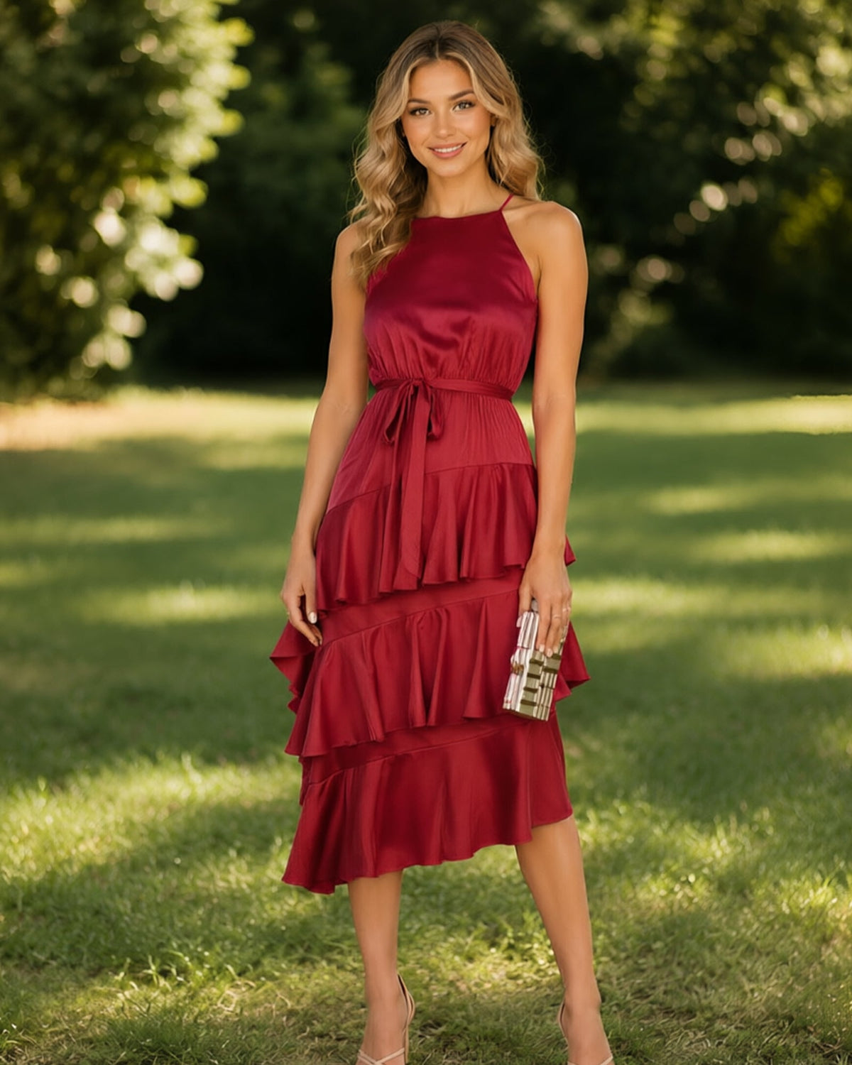 Halter Neck Tiered Ruffle Midi Bridesmaid Dress with Tie Waist