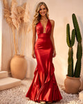 Plunging Halter Satin Mermaid Formal Dress with Flounce Hem