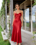 Cowl Neck Satin Bridesmaid Dress with Spaghetti Straps and Tie-Back