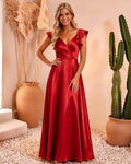 Flutter Sleeve V-Neck Satin A-Line Formal Dress