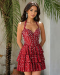 Halter Beaded Corset Tiered Homecoming Dress