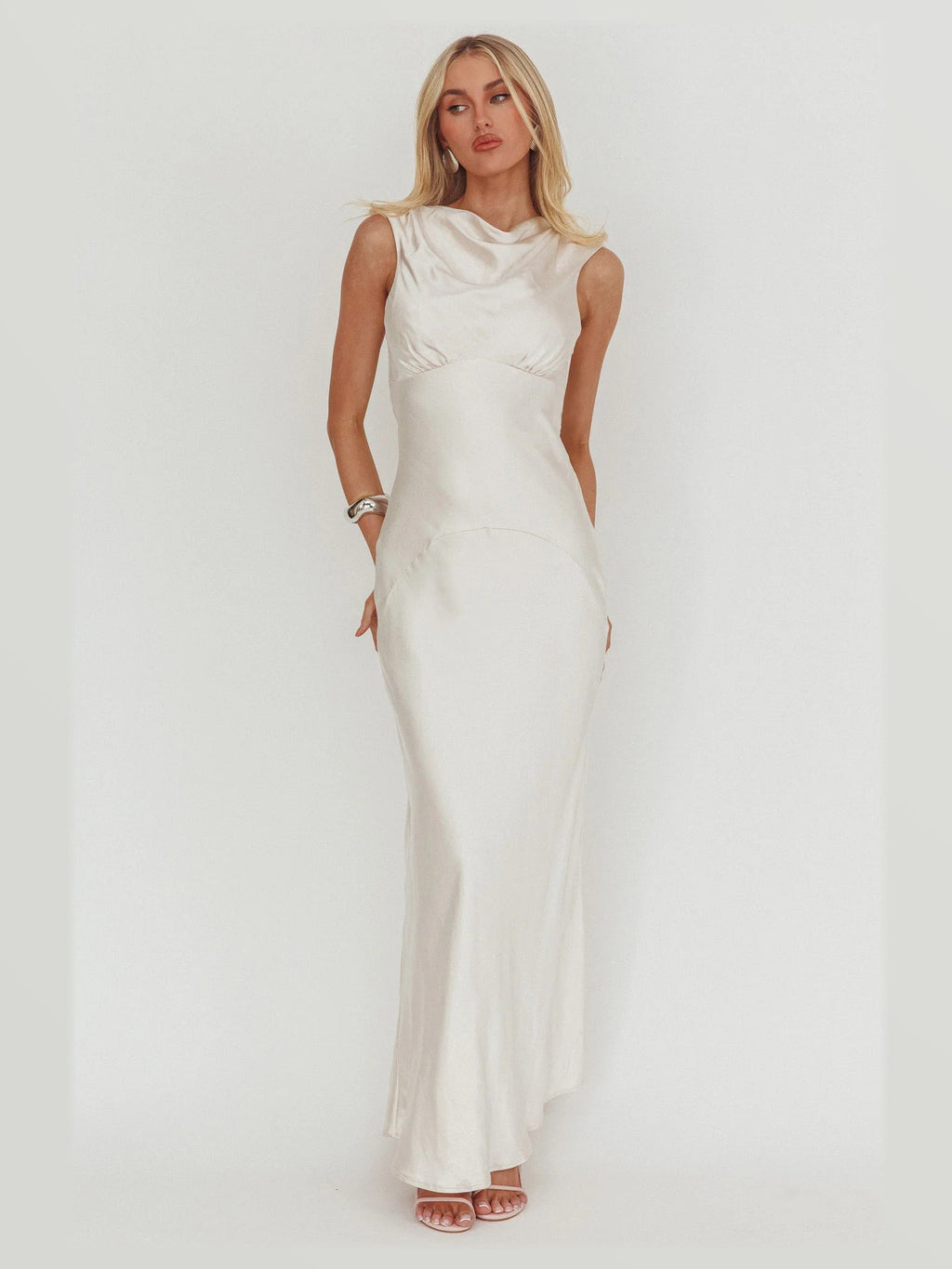 Oyster Cowl Neck A-Line Maxi Satin Formal Dress for Concert Evening
