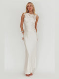 Oyster Cowl Neck A-Line Maxi Satin Formal Dress for Concert Evening