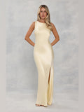 Yellow Backless A-Line Maxi Satin Formal Dress for Evening Event