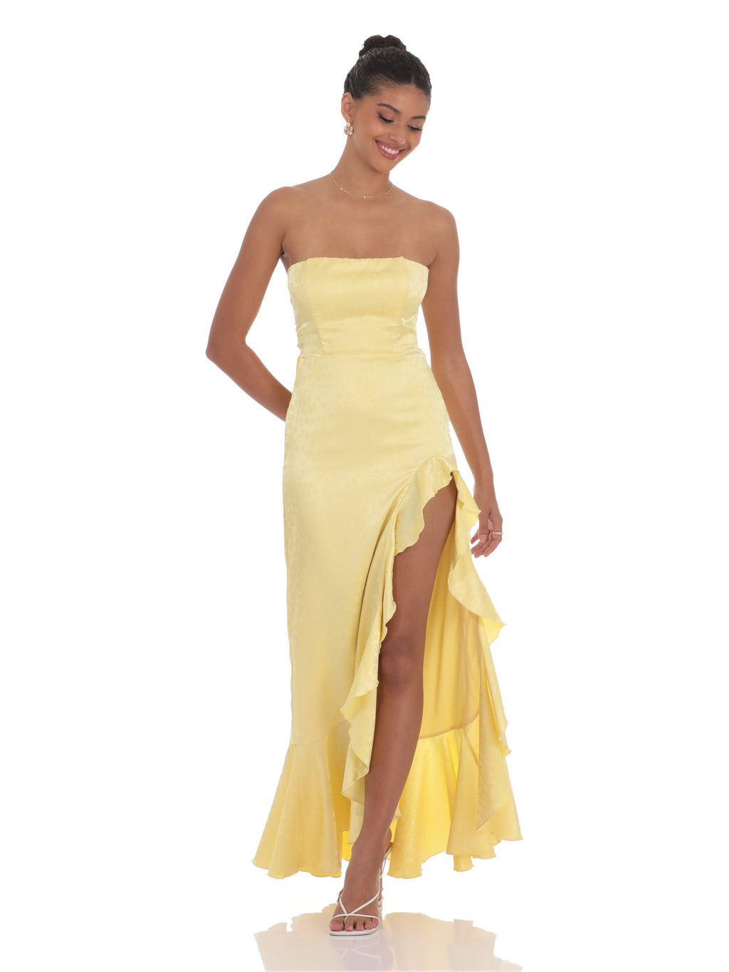 Corset Bow Strapless A-Line Maxi Satin Bridesmaid Dress for Destination Wedding