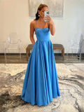 Sky Blue Draped Backless Square Neck A-Line Maxi Satin Prom Dress for Prom Night