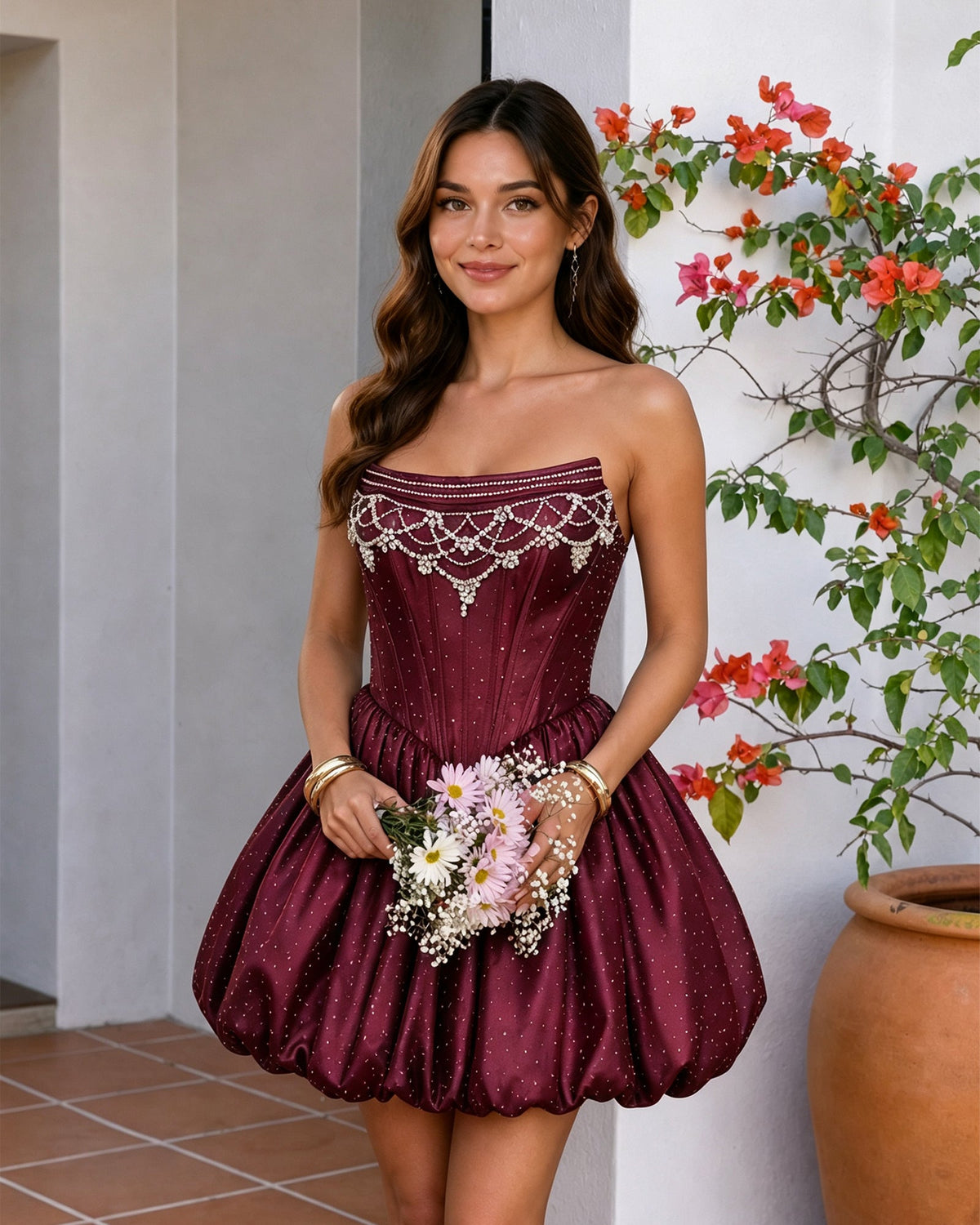 Strapless Beaded Corset Bubble Hem Homecoming Dress