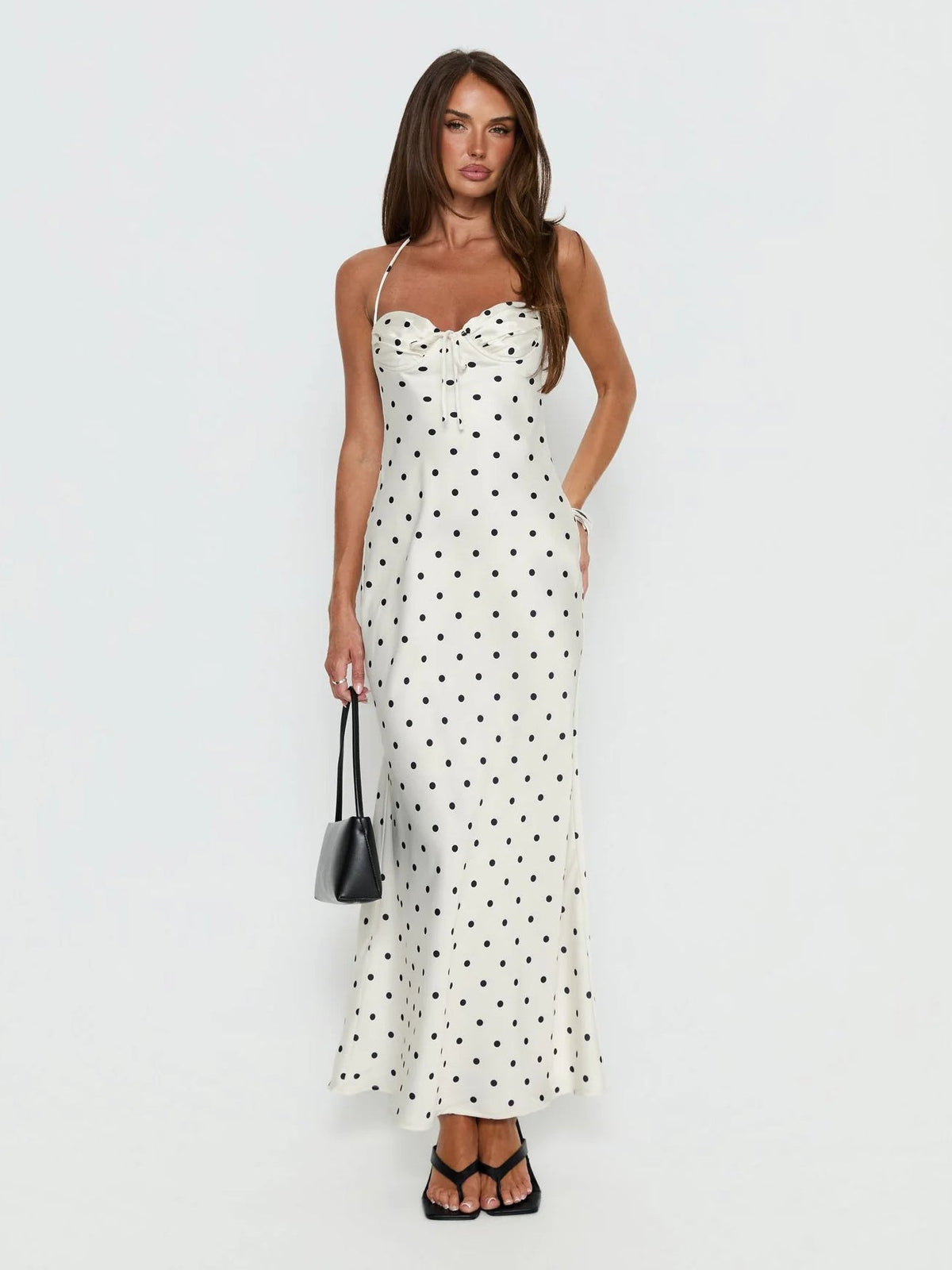 Cream Polka Dot Halter Neck A-Line Maxi Satin Formal Dress for Celebration Reception