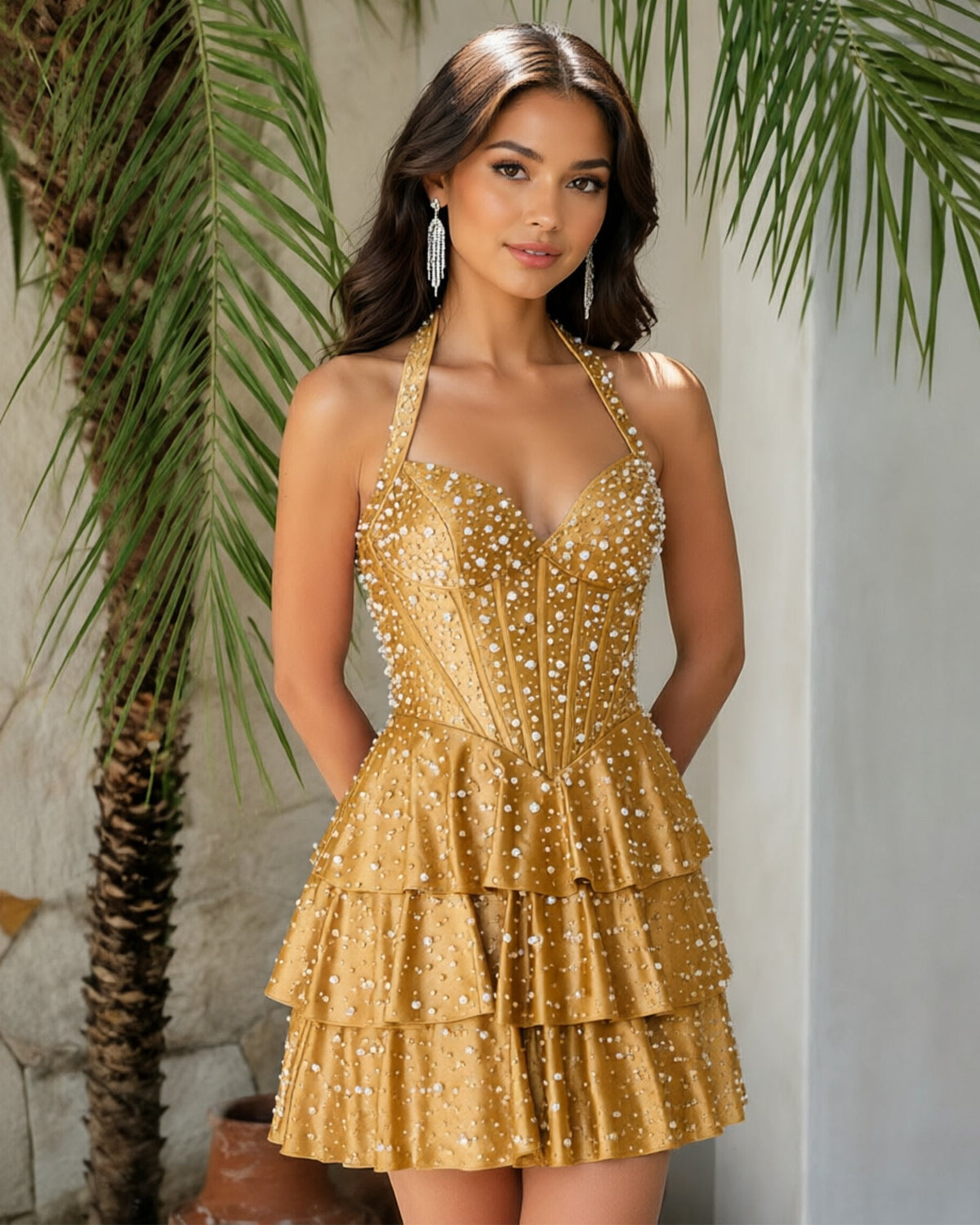 Halter Beaded Corset Tiered Homecoming Dress