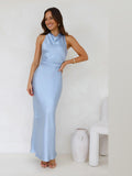 Blue A-Line Maxi Satin Formal Dress for Celebration Dinner