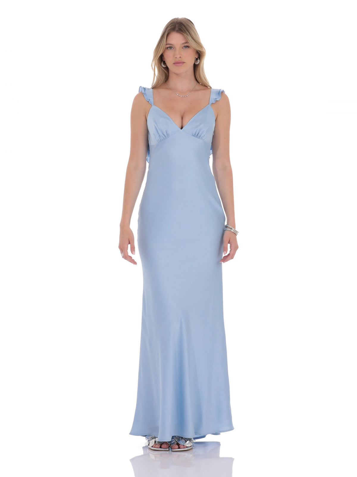 Ruffled A-Line Maxi Satin Bridesmaid Dress for Wedding Ceremony