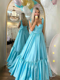 Light Blue Tiered Ruffled Sweetheart A-Line Floor-Length Satin Prom Dress for Charity Ball