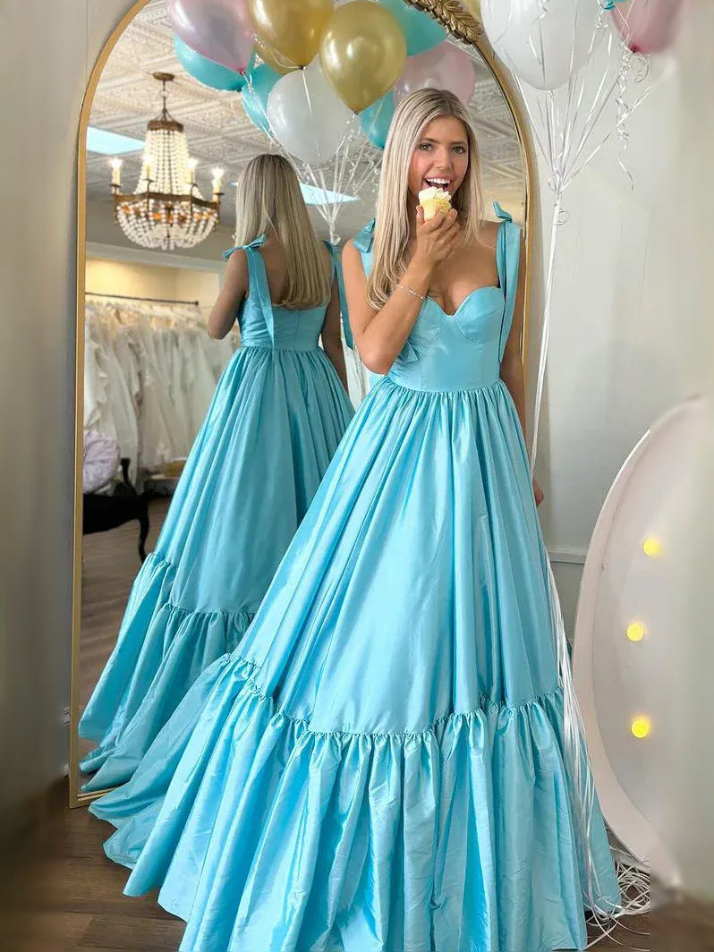 Light Blue Tiered Ruffled Sweetheart A-Line Floor-Length Satin Prom Dress for Charity Ball