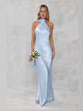 Light Blue Halter Neck A-Line Maxi Satin Formal Dress for Special Event
