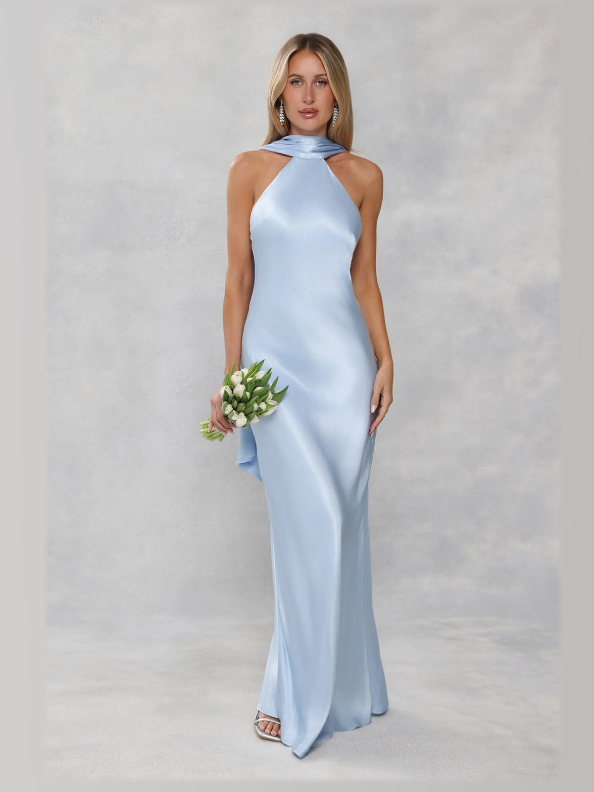 Light Blue Halter Neck A-Line Maxi Satin Formal Dress for Special Event
