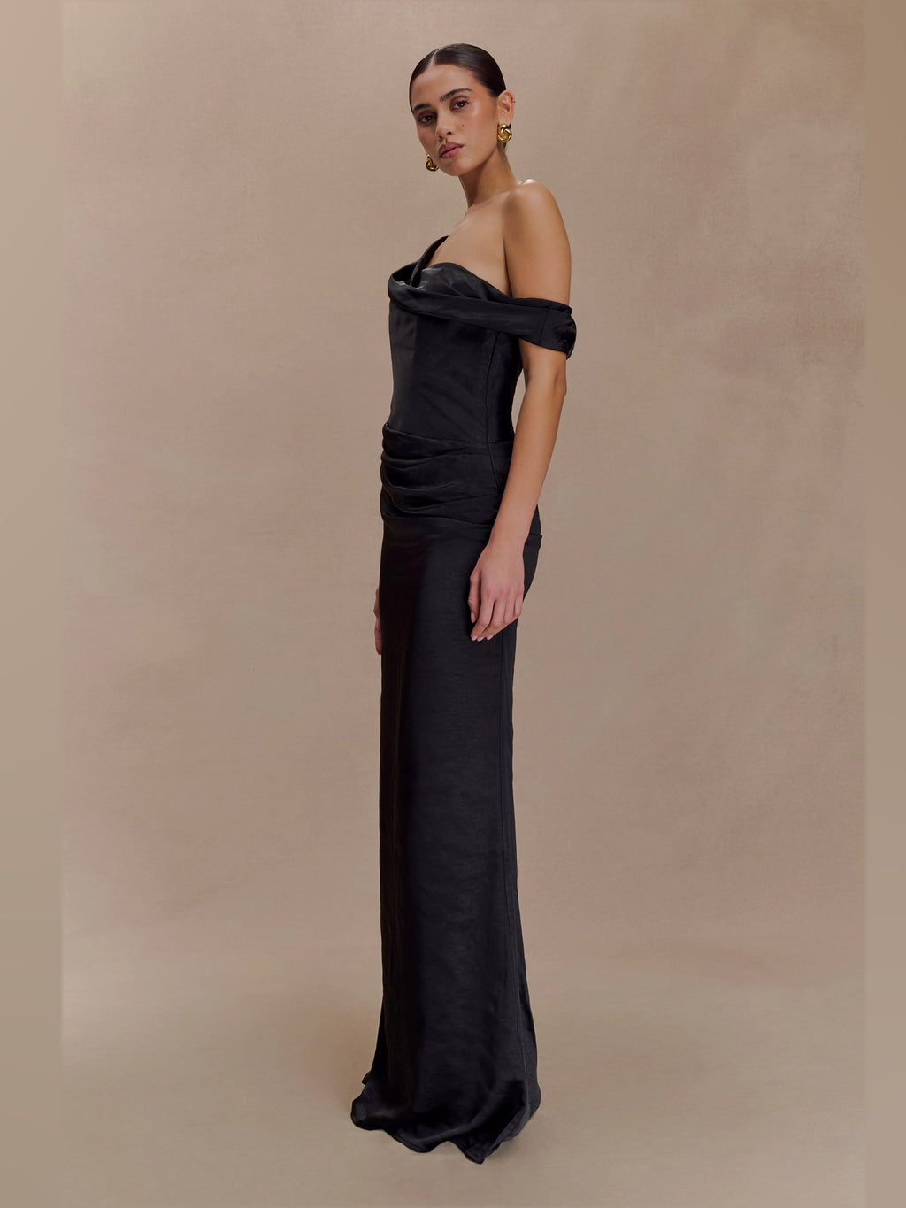 Black Off Shoulder A-Line Maxi Satin Formal Dress for Dinner Dance