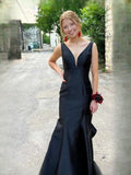Black Draped Tiered Ruffled Backless V Neck Mermaid Maxi Satin Prom Dress for Ballroom Event