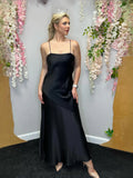 Black Draped Cut-Out Ruffled Backless Square Neck A-Line Maxi Satin Prom Dress for Formal Reception