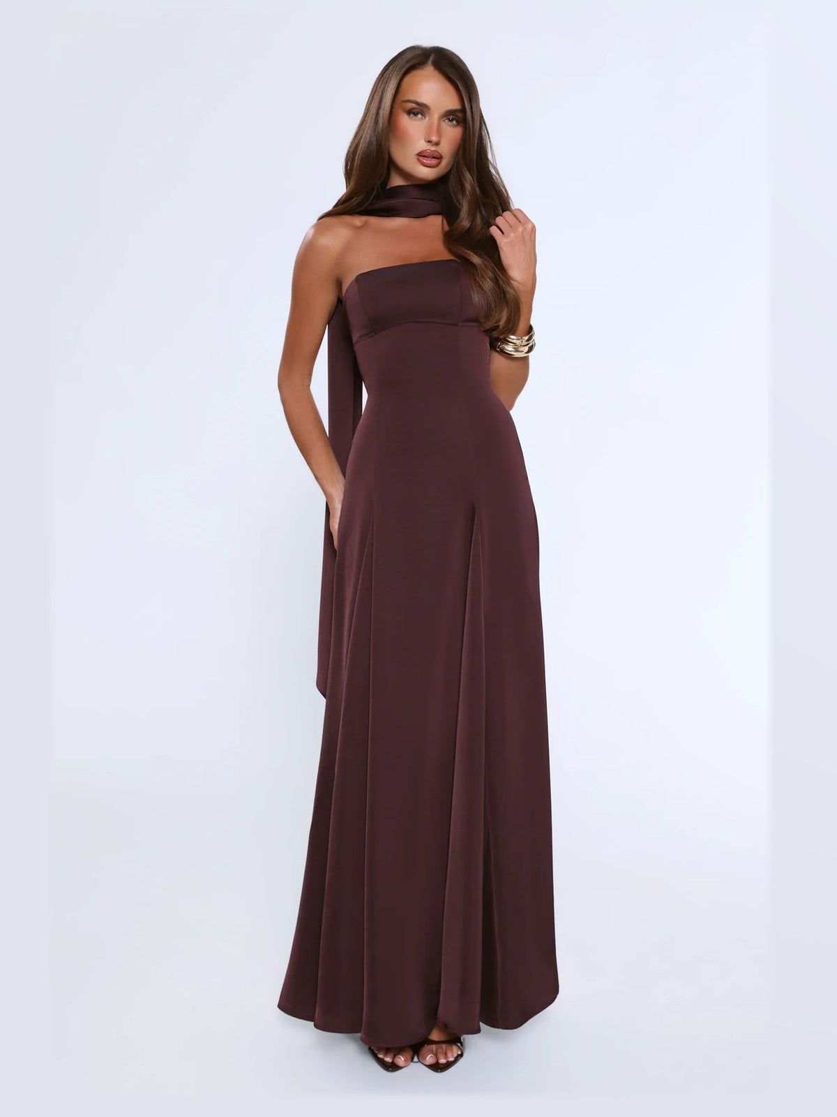 Chocolate Strapless A-Line Maxi Satin Formal Dress for Gala
