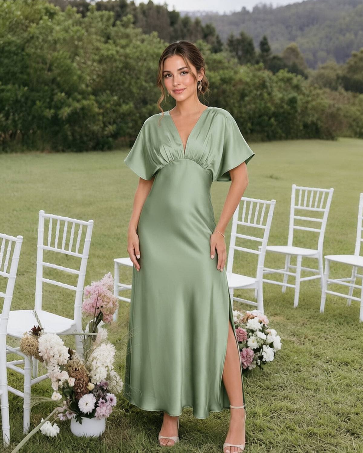 Empire Waist Satin Bridesmaid Dress with Flutter Sleeves and Side Slit