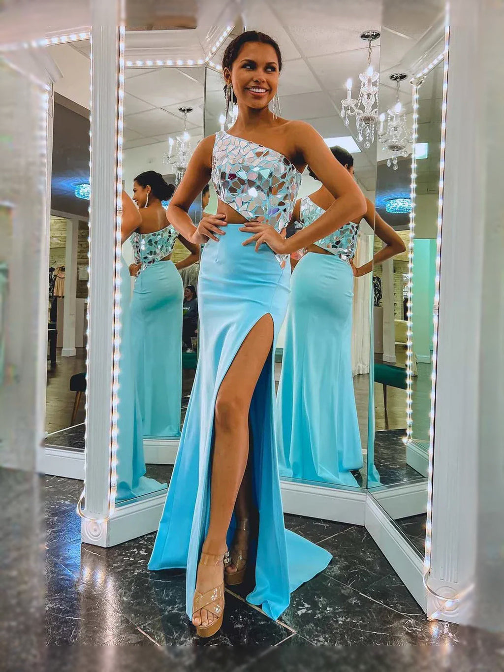 Turquoise Draped Cut-Out Slit Asymmetrical Neck Mermaid Maxi Satin Prom Dress for Black Tie Event