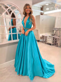 Turquoise Draped Rhinestone Backless V Neck A-Line Maxi Satin Prom Dress for Charity Ball