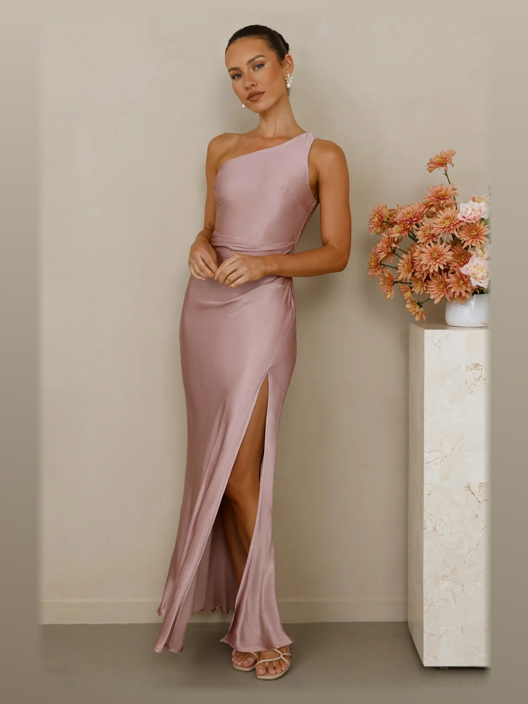 Pearl One Shoulder A-Line Maxi Satin Formal Dress for Estate Wedding