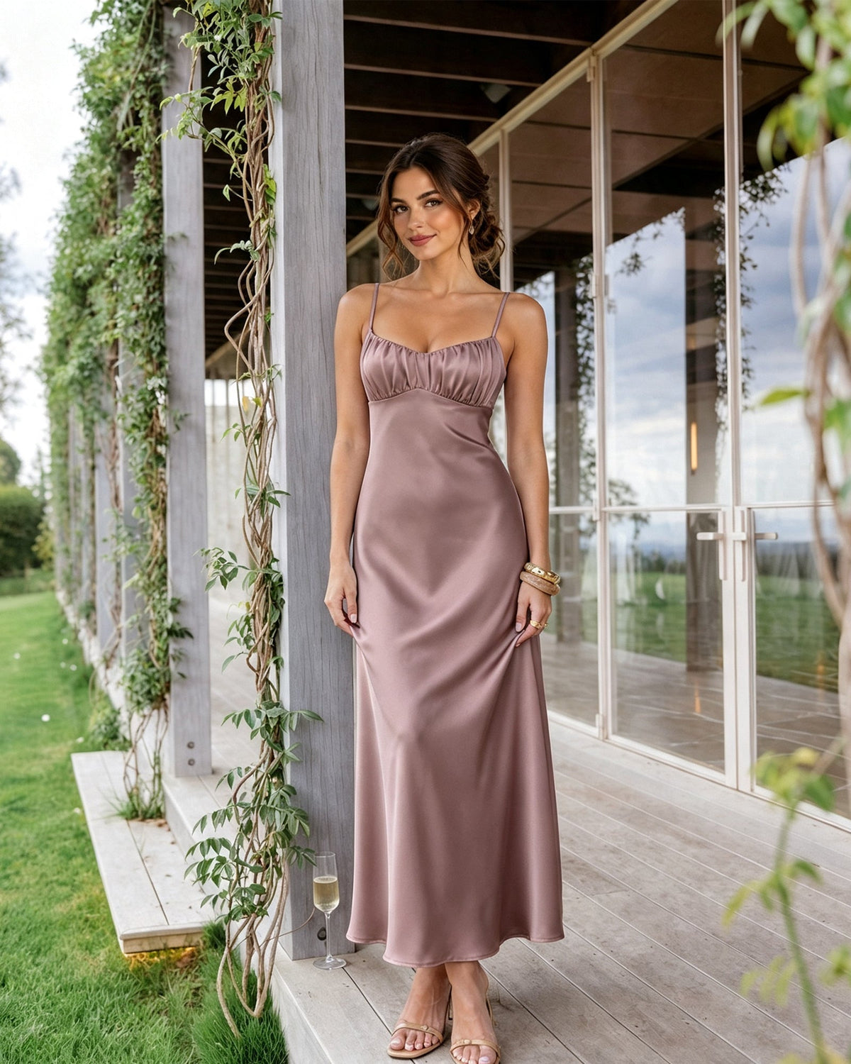 Spaghetti Strap Ruched Bust Satin Bridesmaid Dress with Tie-Back