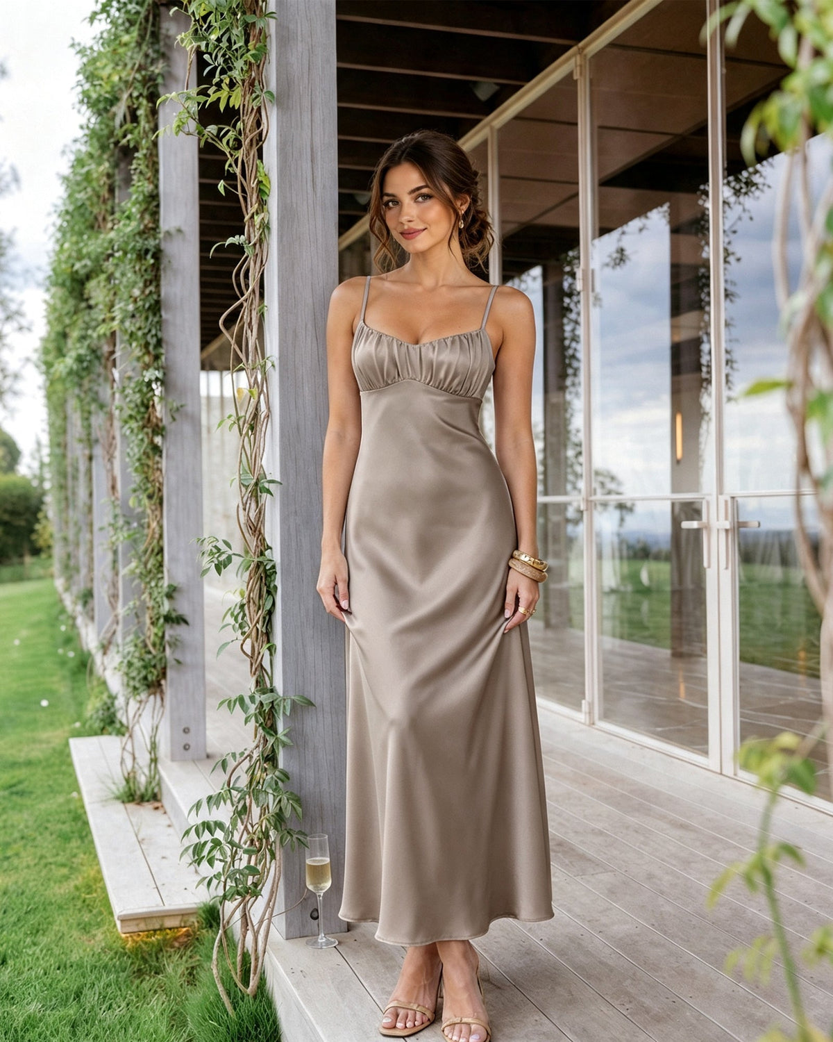 Spaghetti Strap Ruched Bust Satin Bridesmaid Dress with Tie-Back