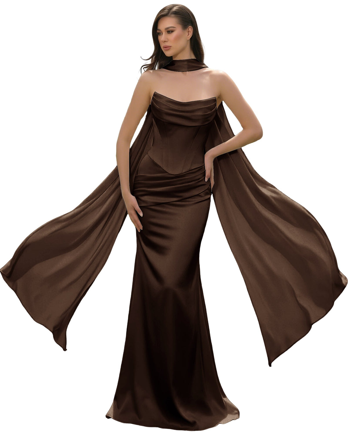 Satin Corset Mermaid Bridesmaid Dress with Cowl Neck and Dramatic Scarf