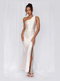 Pearl One Shoulder A-Line Maxi Satin Formal Dress for Estate Wedding