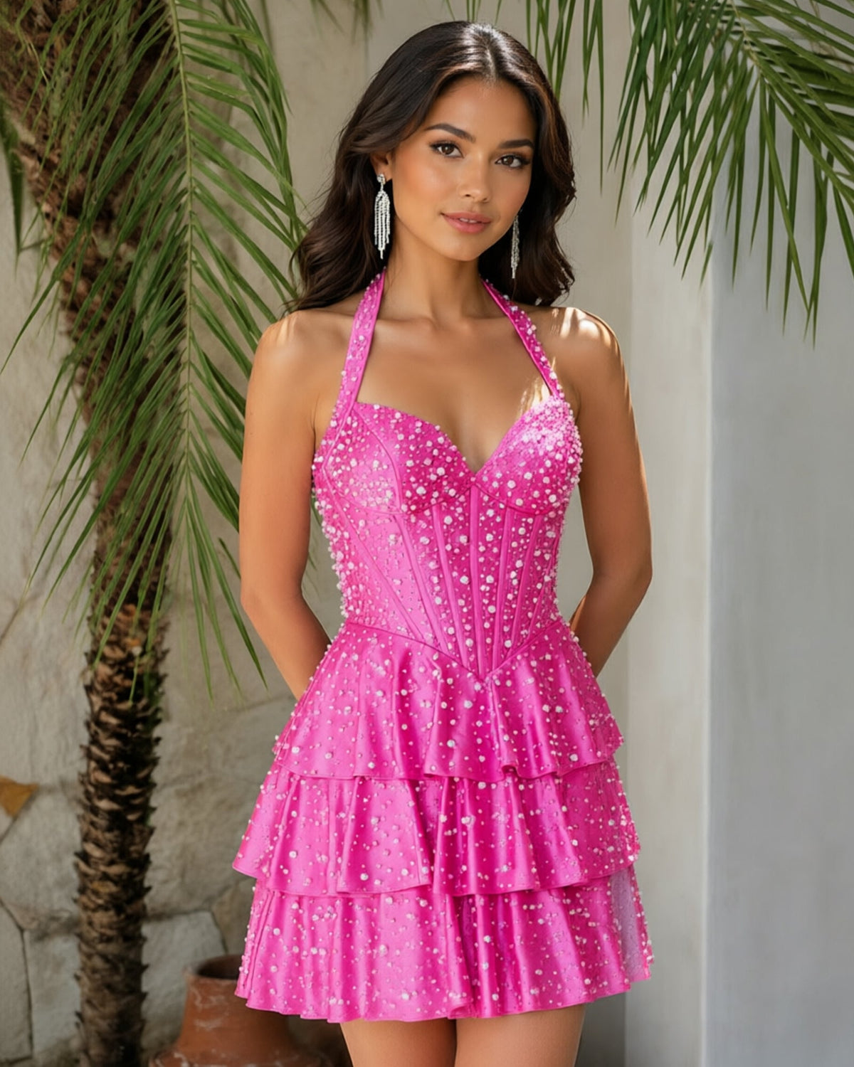 Halter Beaded Corset Tiered Homecoming Dress