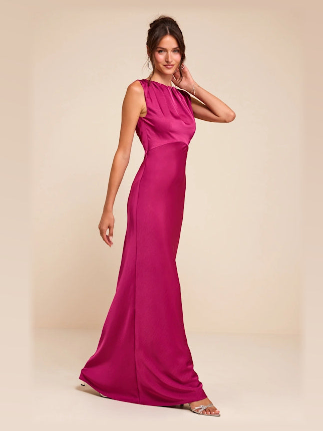 Magenta Boat Neck A-Line Maxi Satin Formal Dress for School Dance