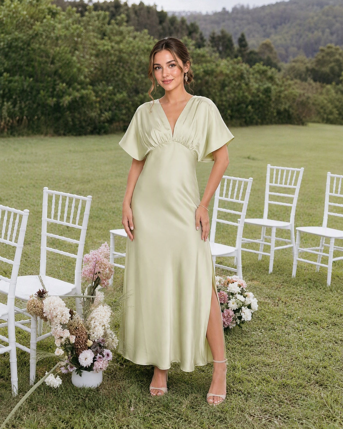 Empire Waist Satin Bridesmaid Dress with Flutter Sleeves and Side Slit