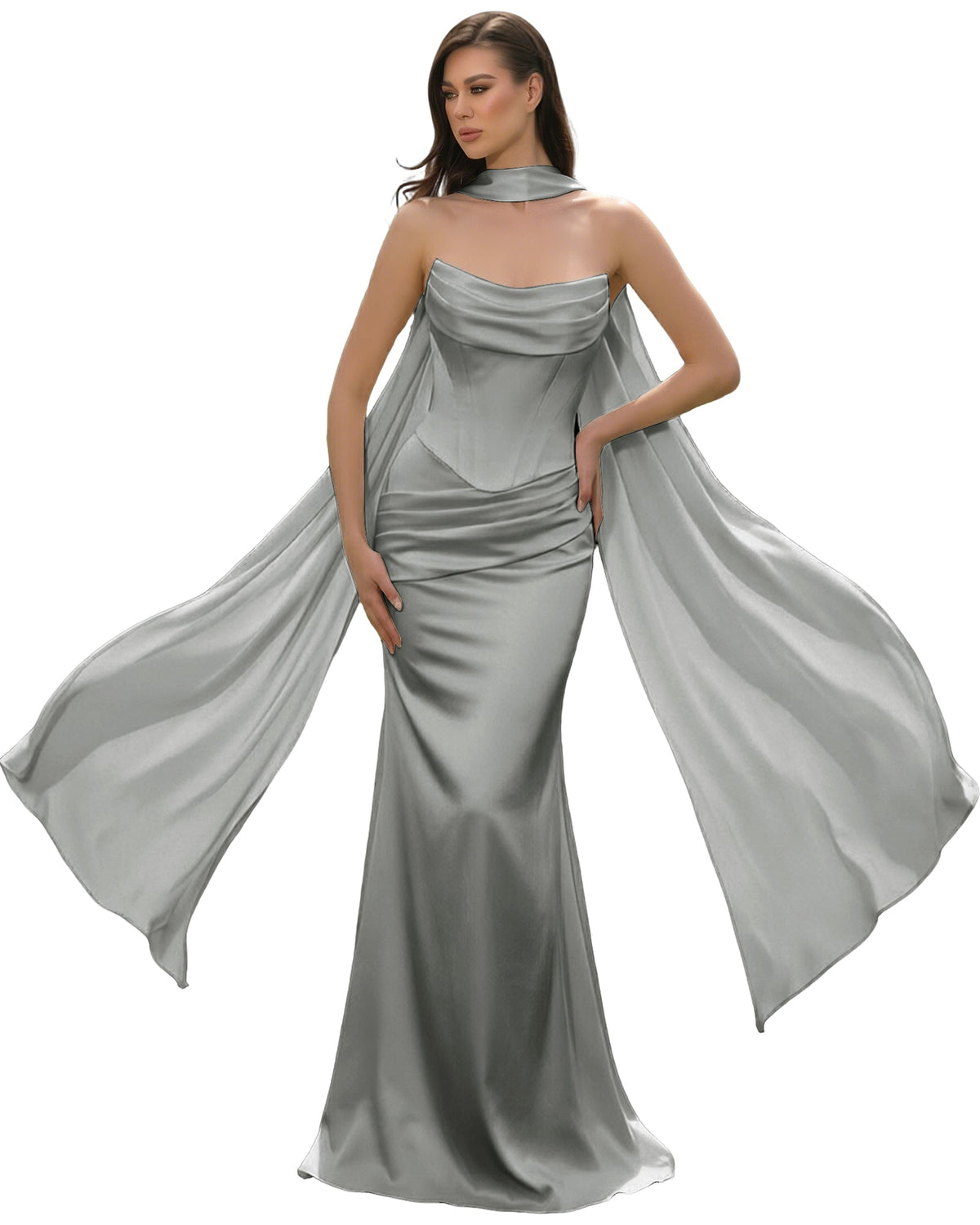 Satin Corset Mermaid Bridesmaid Dress with Cowl Neck and Dramatic Scarf