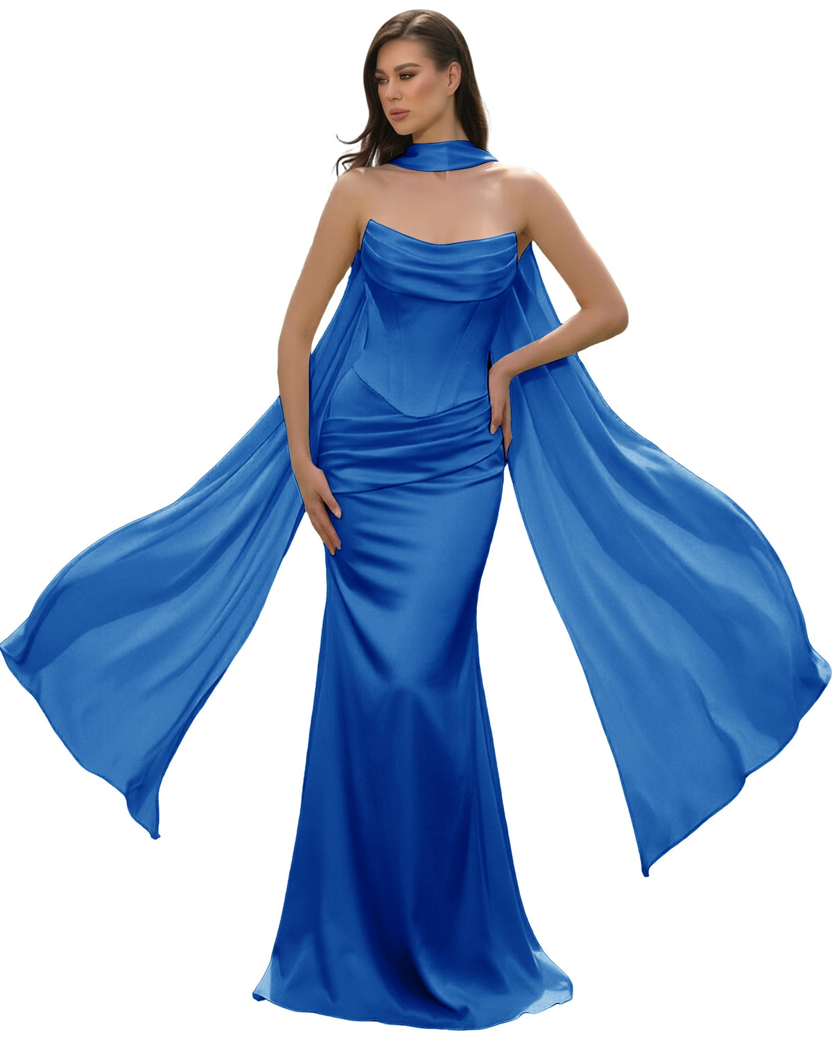 Satin Corset Mermaid Bridesmaid Dress with Cowl Neck and Dramatic Scarf