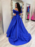 Royal Blue Ruched Draped Ruffled Backless Sweetheart A-Line Maxi Satin Prom Dress for Evening Banquet
