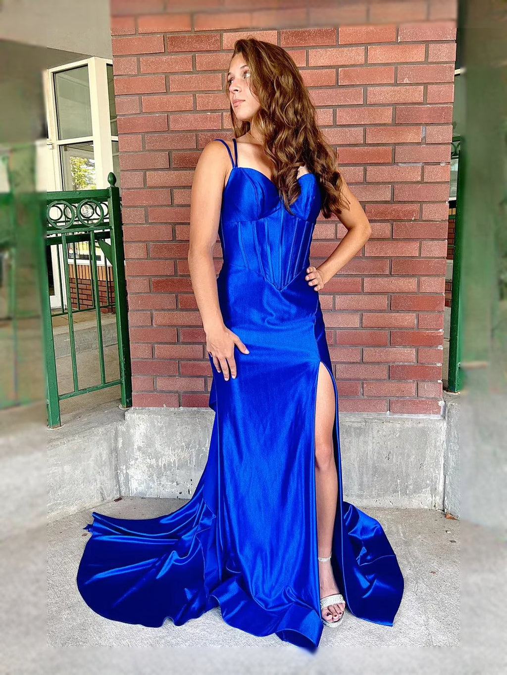 Royal Blue Ruched Draped Slit Backless Sweetheart Mermaid Maxi Satin Prom Dress for Winter Formal