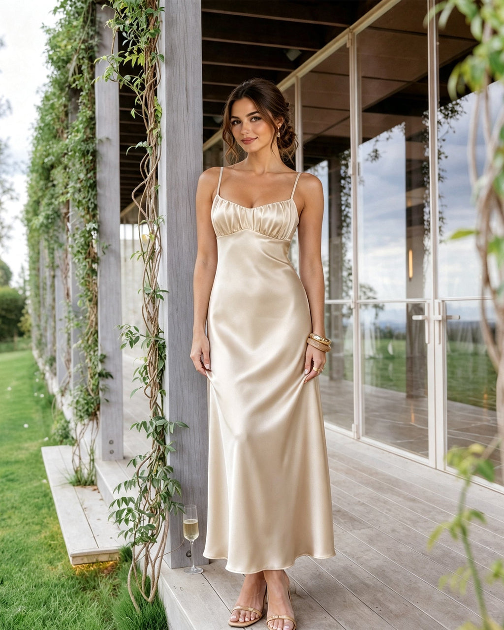 Spaghetti Strap Ruched Bust Satin Bridesmaid Dress with Tie-Back