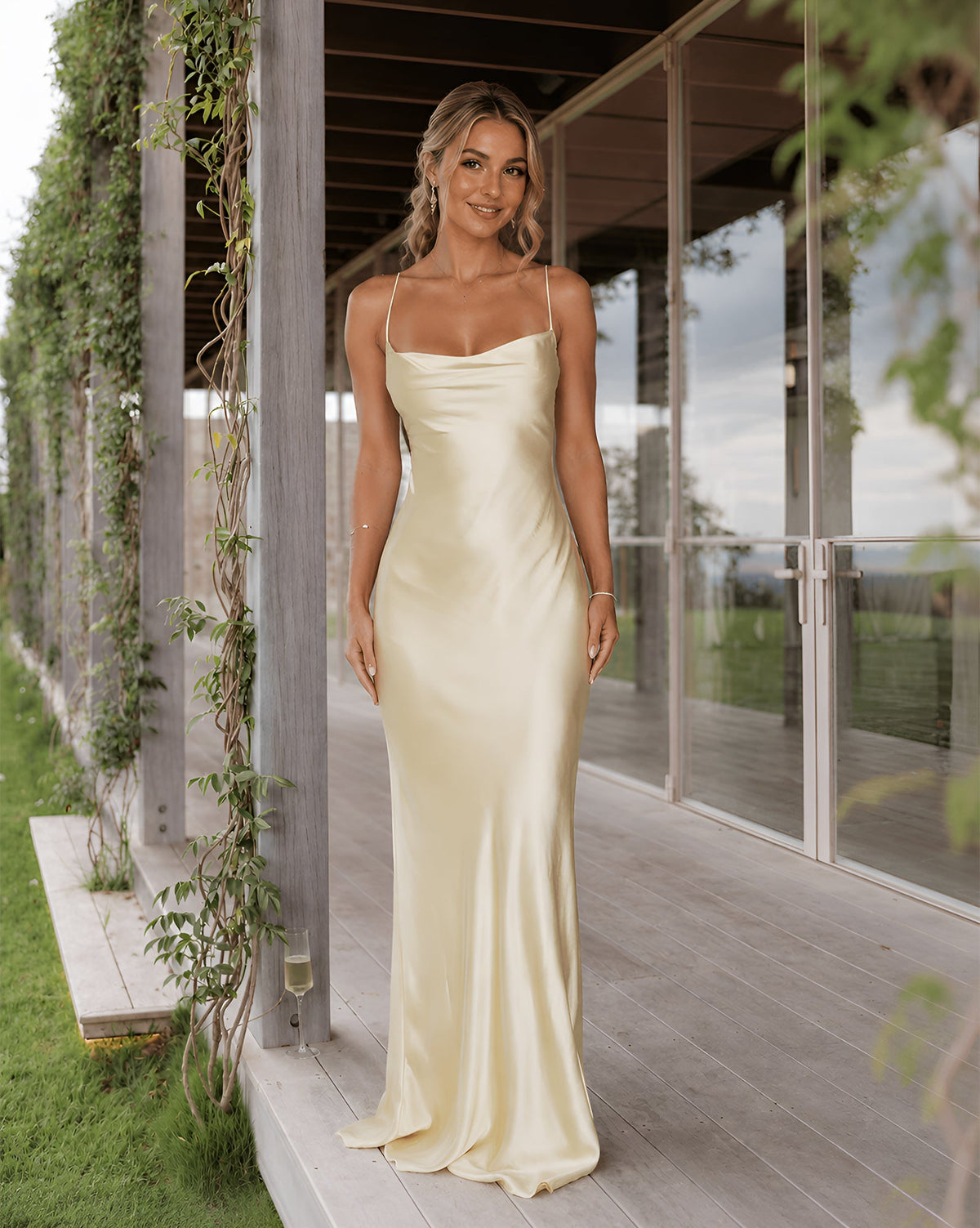 Cowl Neck Satin Bridesmaid Dress with Spaghetti Straps and Lace-Up Back