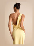 Light Yellow Cowl Neck Column Maxi Satin Formal Dress for Formal Evening